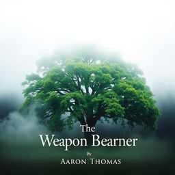 A captivating book cover design featuring a majestic green tree, lush and vibrant, surrounded by a mystical, dense fog