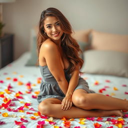A beautiful woman sitting on the floor in a cozy room, wearing a stylish gray sleeveless dress