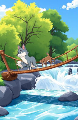 A vibrant cartoon scene featuring two cartoon wolves crossing a rope bridge that sways slightly over rushing whitewater