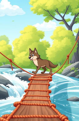 A vibrant cartoon scene featuring two cartoon wolves crossing a rope bridge that sways slightly over rushing whitewater