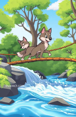 A vibrant cartoon scene featuring two cartoon wolves crossing a rope bridge that sways slightly over rushing whitewater