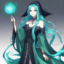 Generate an image leaning towards realism, yet with a touch of anime-style, of a human woman with long, cyan hair and water-green eyes