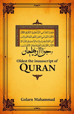 A sophisticated and elegant book cover design for a research book titled 'Oldest Manuscript of Quran' by Golam Mahammad