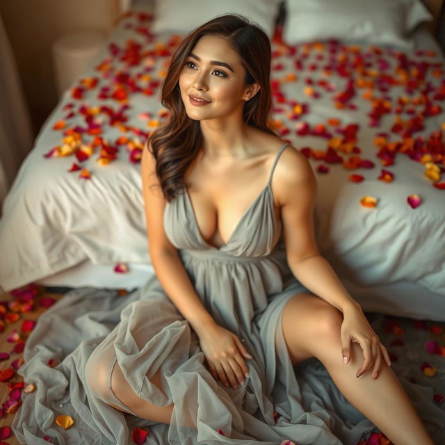 A beautiful woman sitting on the floor, wearing a gray sleeveless dress, gazing with a pleasant expression