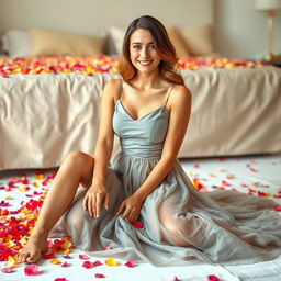 A stunning woman wearing a sexy gray sleeveless dress is sitting gracefully on the floor, one hand resting on a beautifully made bed scattered with colorful flower petals