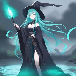 Generate a more realistic image, subtly enhanced with anime-style, of a human woman with long, cyan hair and water-green eyes