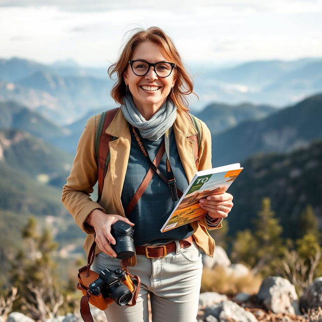 A spirited woman in her late 30s, radiating enthusiasm for adventure, standing atop a scenic overlook with a breathtaking view of mountains and valleys in the background