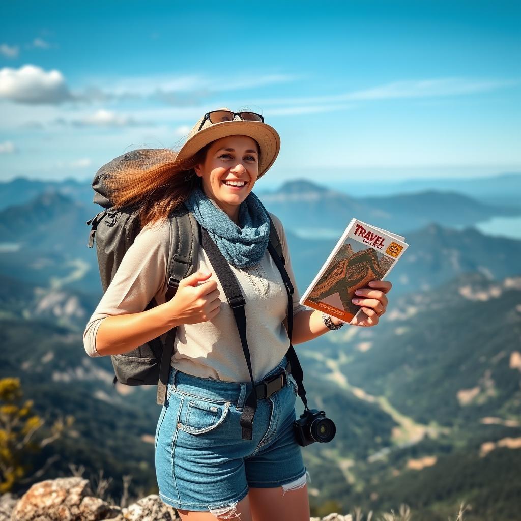 A spirited woman in her late 30s, radiating enthusiasm for adventure, standing atop a scenic overlook with a breathtaking view of mountains and valleys in the background