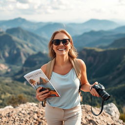 A spirited woman in her late 30s, radiating enthusiasm for adventure, standing atop a scenic overlook with a breathtaking view of mountains and valleys in the background