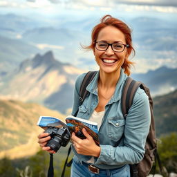A spirited woman in her late 30s, radiating enthusiasm for adventure, standing atop a scenic overlook with a breathtaking view of mountains and valleys in the background