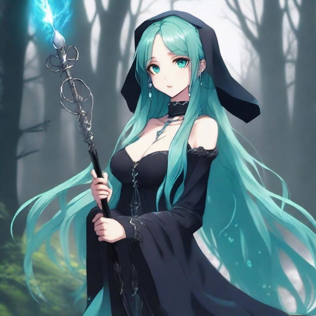 Generate a more realistic image, subtly enhanced with anime-style, of a human woman with long, cyan hair and water-green eyes