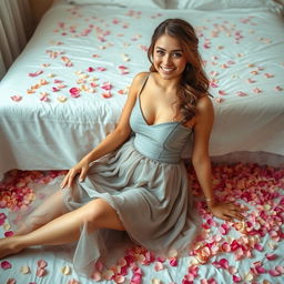 A gorgeous woman in a gray sleeveless dress is elegantly seated on the floor, with one hand resting softly on a bed adorned with an array of beautiful flower petals