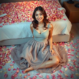 A gorgeous woman in a gray sleeveless dress is elegantly seated on the floor, with one hand resting softly on a bed adorned with an array of beautiful flower petals