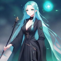 Generate a more realistic image, subtly enhanced with anime-style, of a human woman with long, cyan hair and water-green eyes