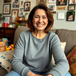 A warm and nurturing woman in her mid-30s, radiating kindness and love, sitting in a cozy living room filled with family photos and cherished memories