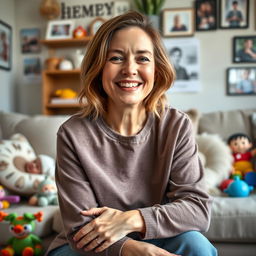 A warm and nurturing woman in her mid-30s, radiating kindness and love, sitting in a cozy living room filled with family photos and cherished memories