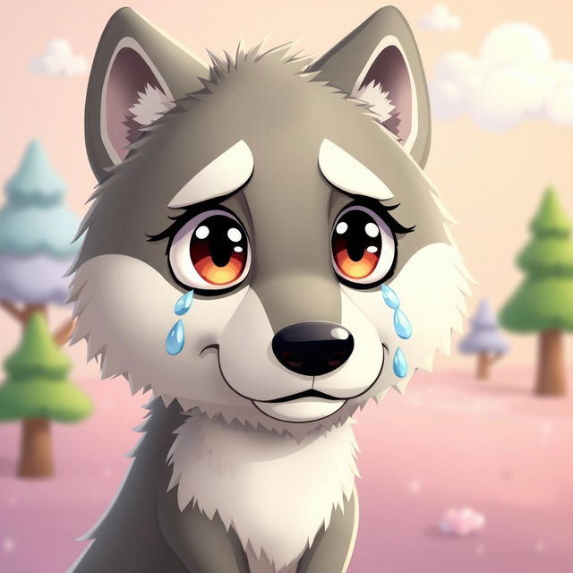 A cartoon wolf with big expressive eyes shedding tears, depicting a poignant moment