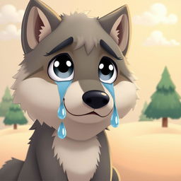 A cartoon wolf with big expressive eyes shedding tears, depicting a poignant moment