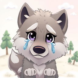 A cartoon wolf with big expressive eyes shedding tears, depicting a poignant moment