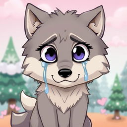 A cartoon wolf with big expressive eyes shedding tears, depicting a poignant moment