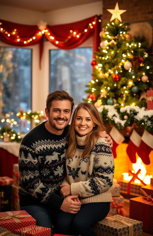 A cozy Christmas scene featuring a happy couple, decorated with twinkling lights and a beautifully adorned Christmas tree in the background