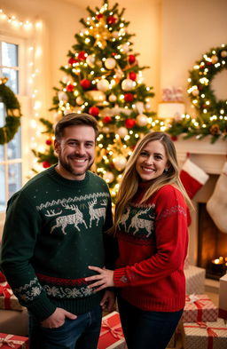 A cozy Christmas scene featuring a happy couple, decorated with twinkling lights and a beautifully adorned Christmas tree in the background