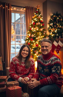 A cozy Christmas scene featuring a happy couple, decorated with twinkling lights and a beautifully adorned Christmas tree in the background