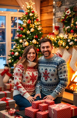 A cozy Christmas scene featuring a happy couple, decorated with twinkling lights and a beautifully adorned Christmas tree in the background