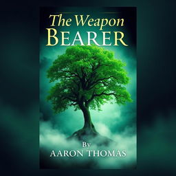 A captivating book cover design featuring a lush green tree majestically standing in the center, enveloped by a mysterious fog that swirls around its base