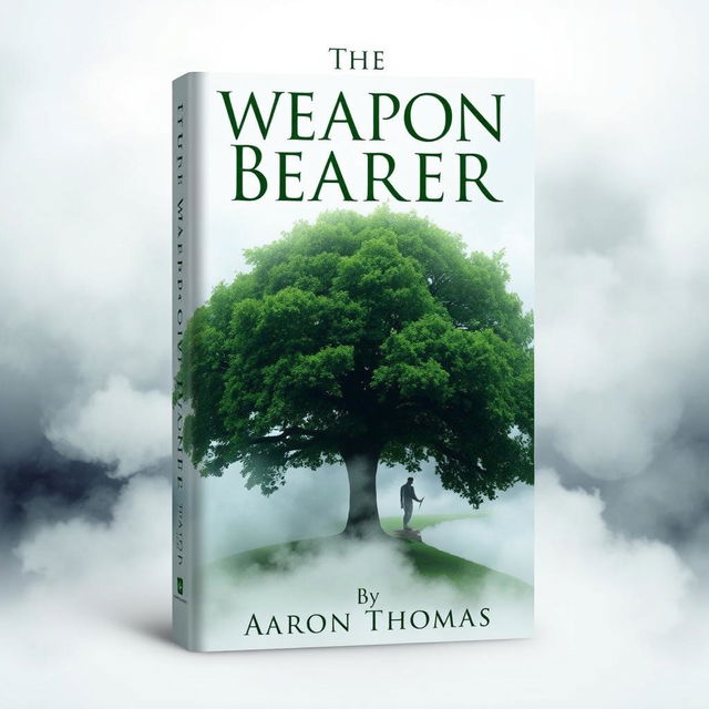 A captivating book cover design featuring a lush green tree majestically standing in the center, enveloped by a mysterious fog that swirls around its base