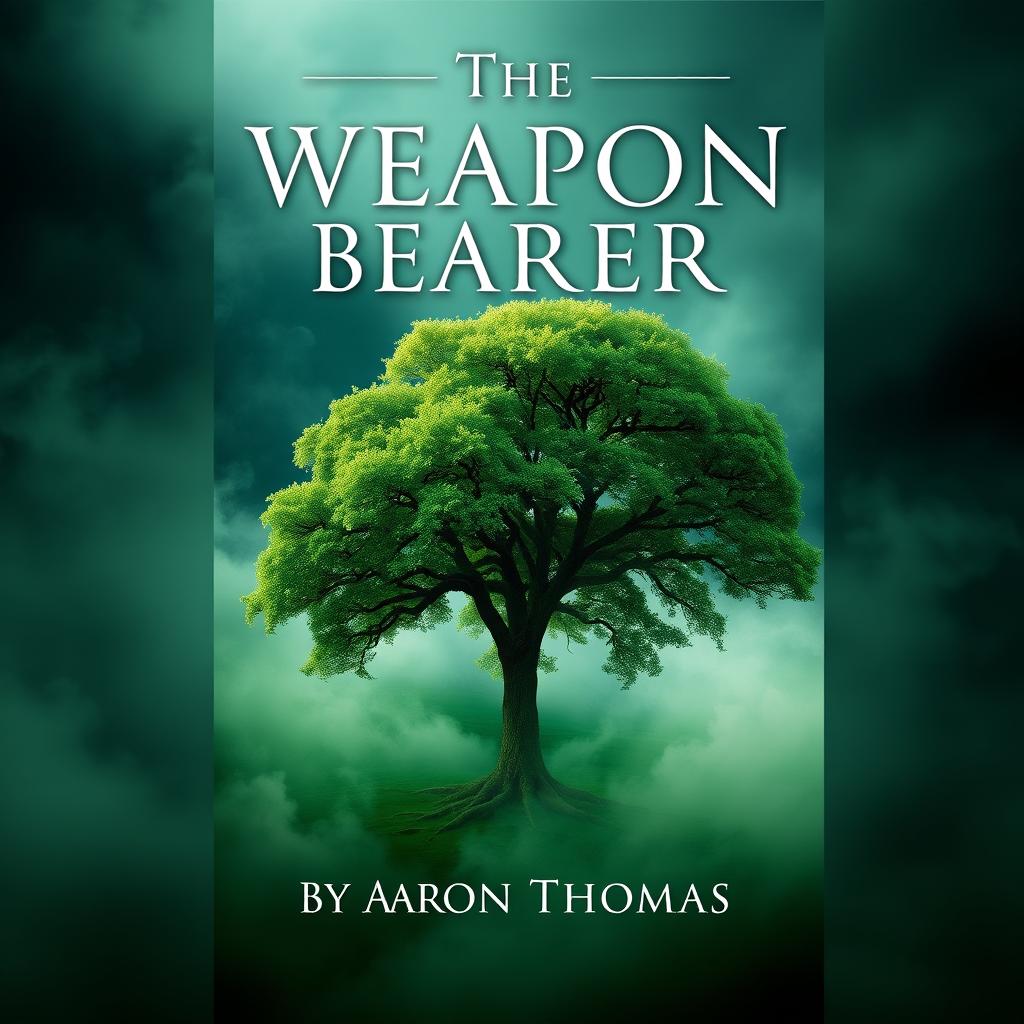 A captivating book cover design featuring a lush green tree majestically standing in the center, enveloped by a mysterious fog that swirls around its base