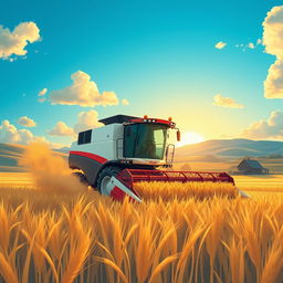 A detailed and vibrant illustration of a modern agricultural harvester in a vast field of golden wheat, surrounded by clear blue skies and soft, fluffy clouds