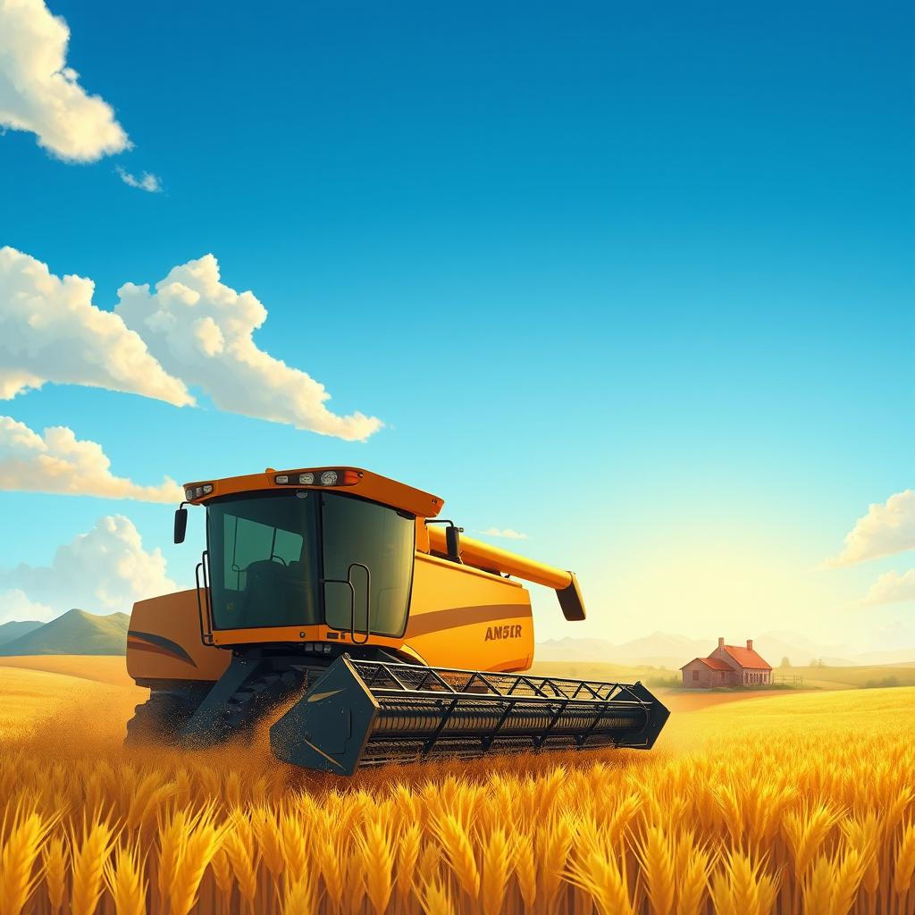 A detailed and vibrant illustration of a modern agricultural harvester in a vast field of golden wheat, surrounded by clear blue skies and soft, fluffy clouds