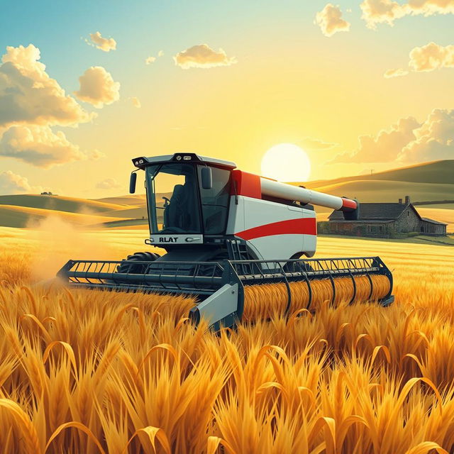 A detailed and vibrant illustration of a modern agricultural harvester in a vast field of golden wheat, surrounded by clear blue skies and soft, fluffy clouds