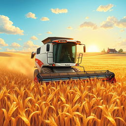A detailed and vibrant illustration of a modern agricultural harvester in a vast field of golden wheat, surrounded by clear blue skies and soft, fluffy clouds