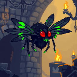 A pixel art design featuring a dungeon-themed fly monster, characterized by its menacing and oversized wings, dark, shadowy colors, and glowing red eyes