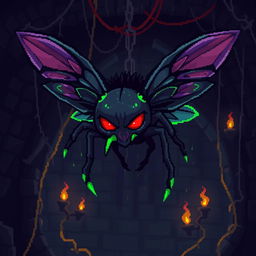 A pixel art design featuring a dungeon-themed fly monster, characterized by its menacing and oversized wings, dark, shadowy colors, and glowing red eyes