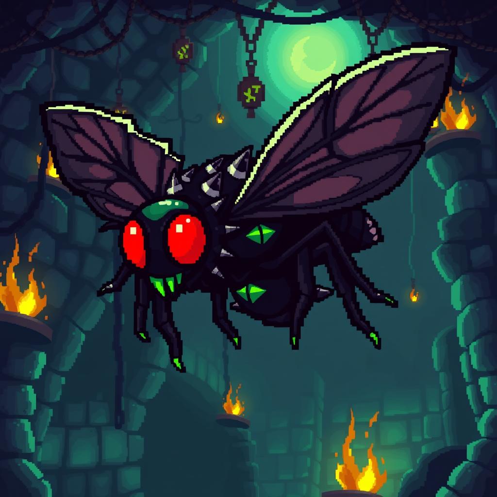 A pixel art design featuring a dungeon-themed fly monster, characterized by its menacing and oversized wings, dark, shadowy colors, and glowing red eyes