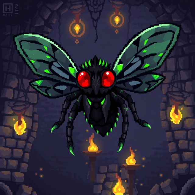 A pixel art design featuring a dungeon-themed fly monster, characterized by its menacing and oversized wings, dark, shadowy colors, and glowing red eyes