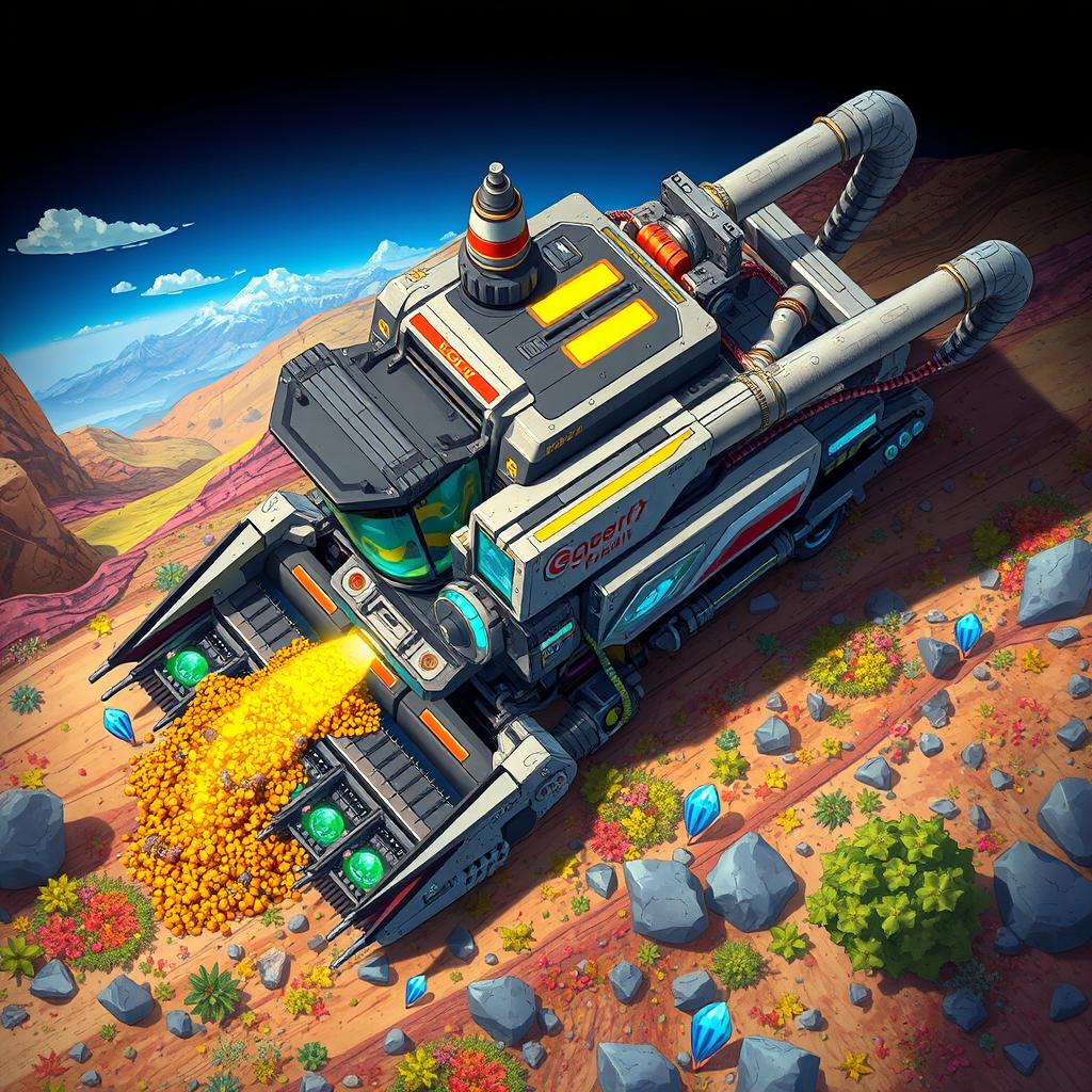 A detailed and vibrant top-down 2D illustration of a futuristic resource harvester, featuring intricate mechanical components, pipes, and glowing panels