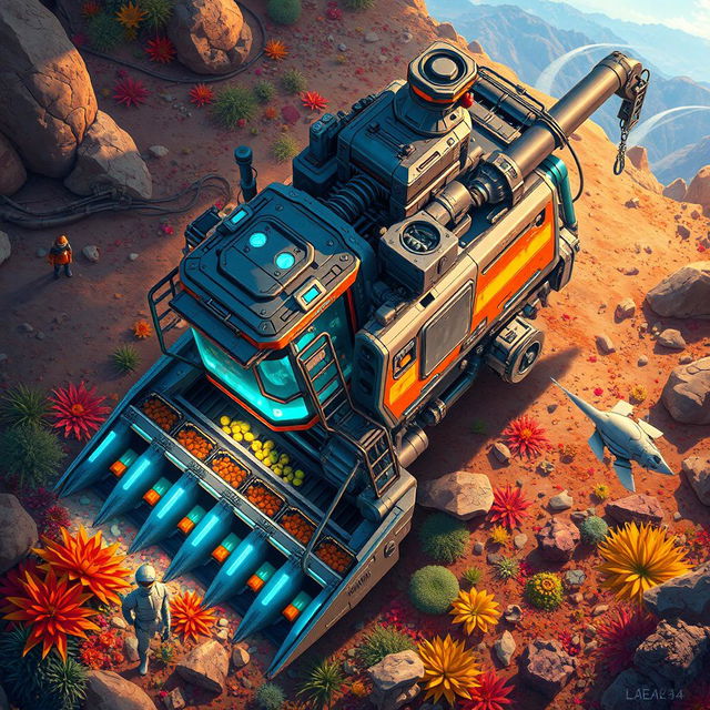 A detailed and vibrant top-down 2D illustration of a futuristic resource harvester, featuring intricate mechanical components, pipes, and glowing panels