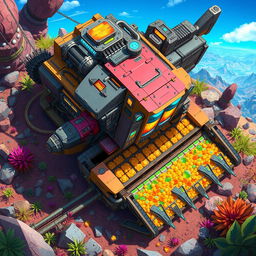 A detailed and vibrant top-down 2D illustration of a futuristic resource harvester, featuring intricate mechanical components, pipes, and glowing panels