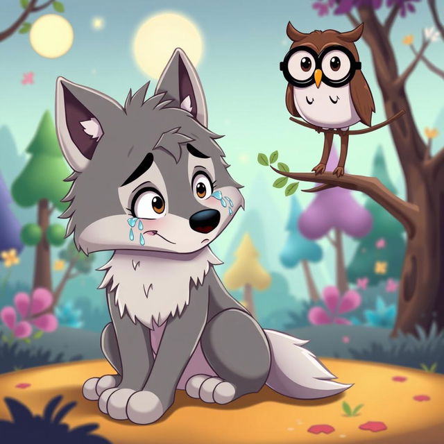 A cartoon wolf sitting down and crying, talking to a wise-looking cartoon owl perched on a branch above