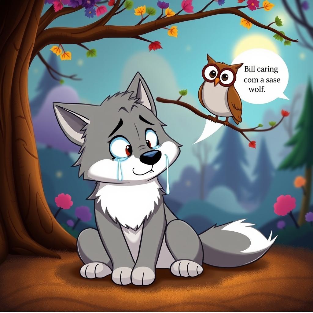 A cartoon wolf sitting down and crying, talking to a wise-looking cartoon owl perched on a branch above