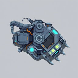 A clean and detailed top-down 2D illustration of a futuristic resource harvester, showcasing its intricate mechanical components, pipes, and glowing panels