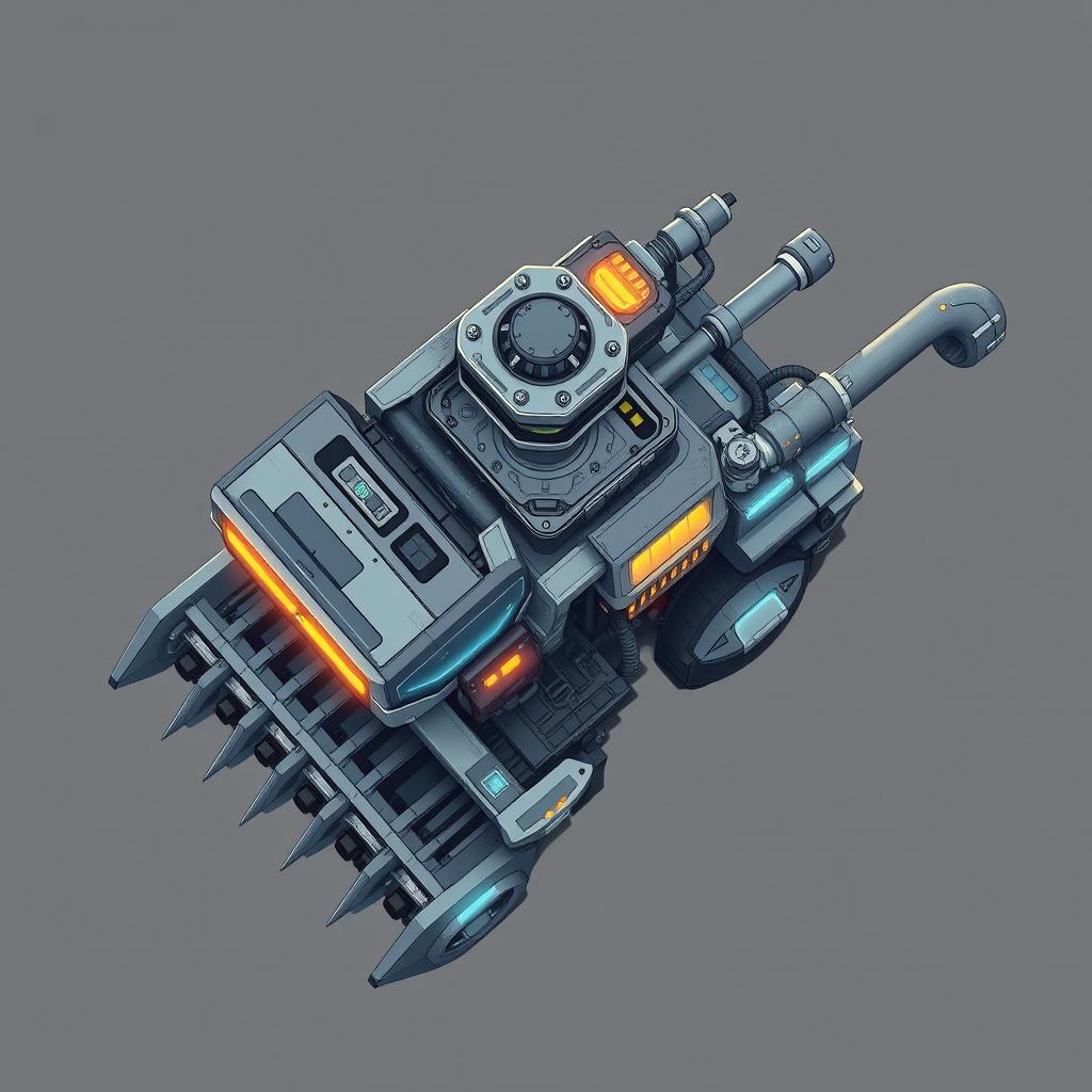 A clean and detailed top-down 2D illustration of a futuristic resource harvester, showcasing its intricate mechanical components, pipes, and glowing panels