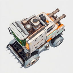 A clean and detailed top-down 2D illustration of a futuristic resource harvester, showcasing its intricate mechanical components, pipes, and glowing panels