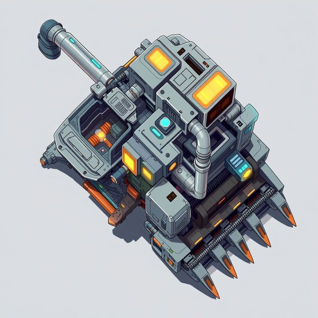 A clean and detailed top-down 2D illustration of a futuristic resource harvester, showcasing its intricate mechanical components, pipes, and glowing panels