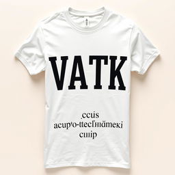 A stylish white t-shirt featuring a bold, modern text design that reads 'VATK' prominently on the front