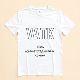 A stylish white t-shirt featuring a bold, modern text design that reads 'VATK' prominently on the front